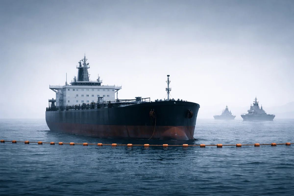 Petrolero detenido en el mar frente a una línea de bloqueo con buques militares al fondo