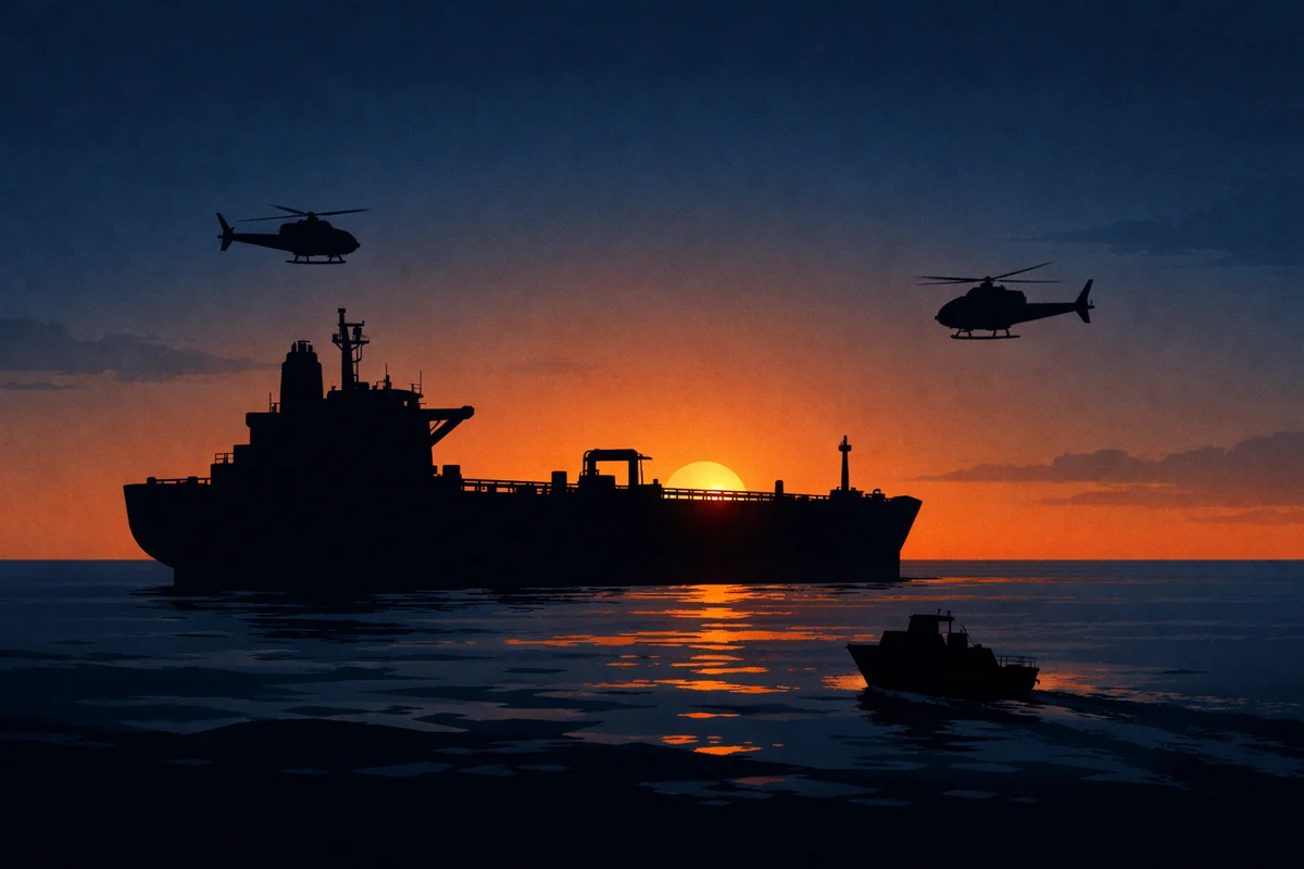 Silueta de un petrolero con dos helicópteros y una lancha al anochecer