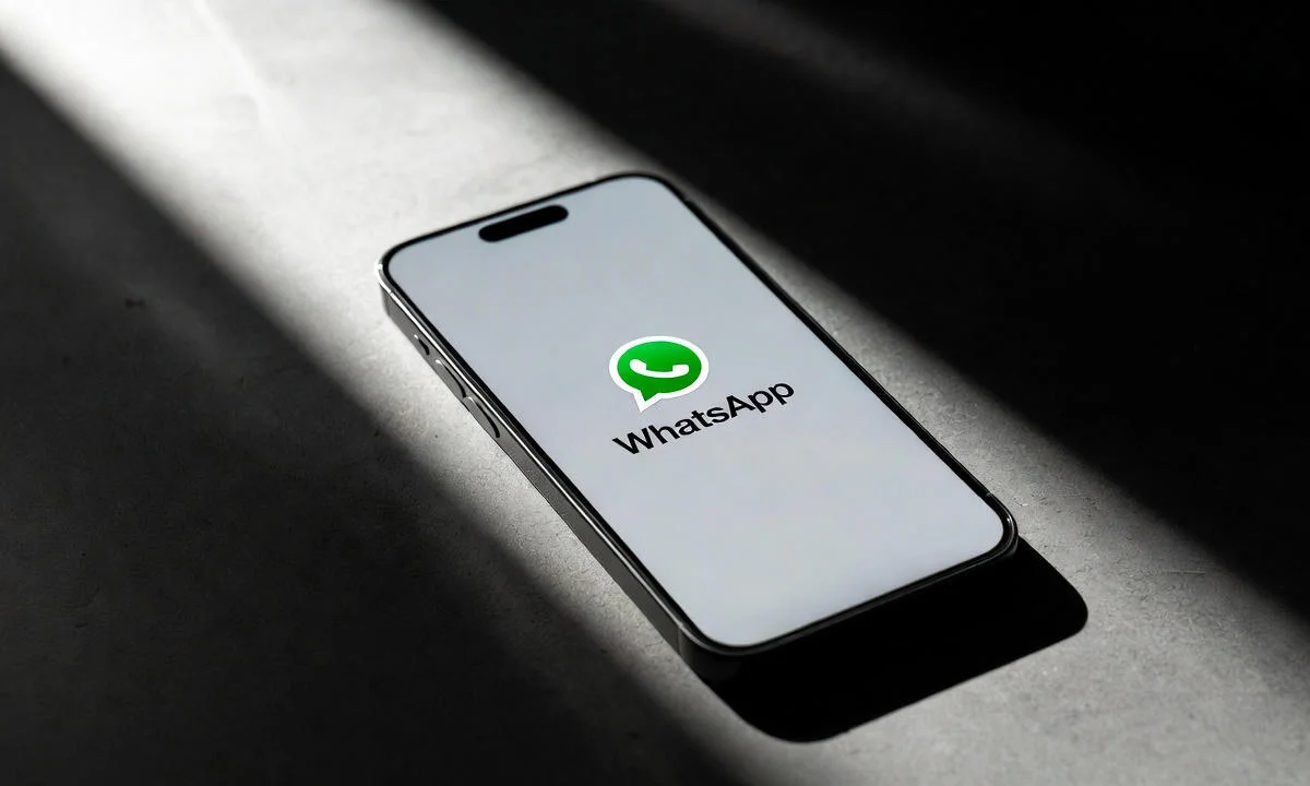 Un teléfono móvil encendido muestra el logo de WhatsApp sobre un fondo claro