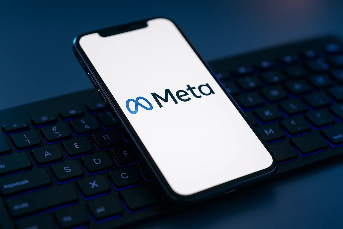 Teléfono con el logo de Meta apoyado sobre un teclado