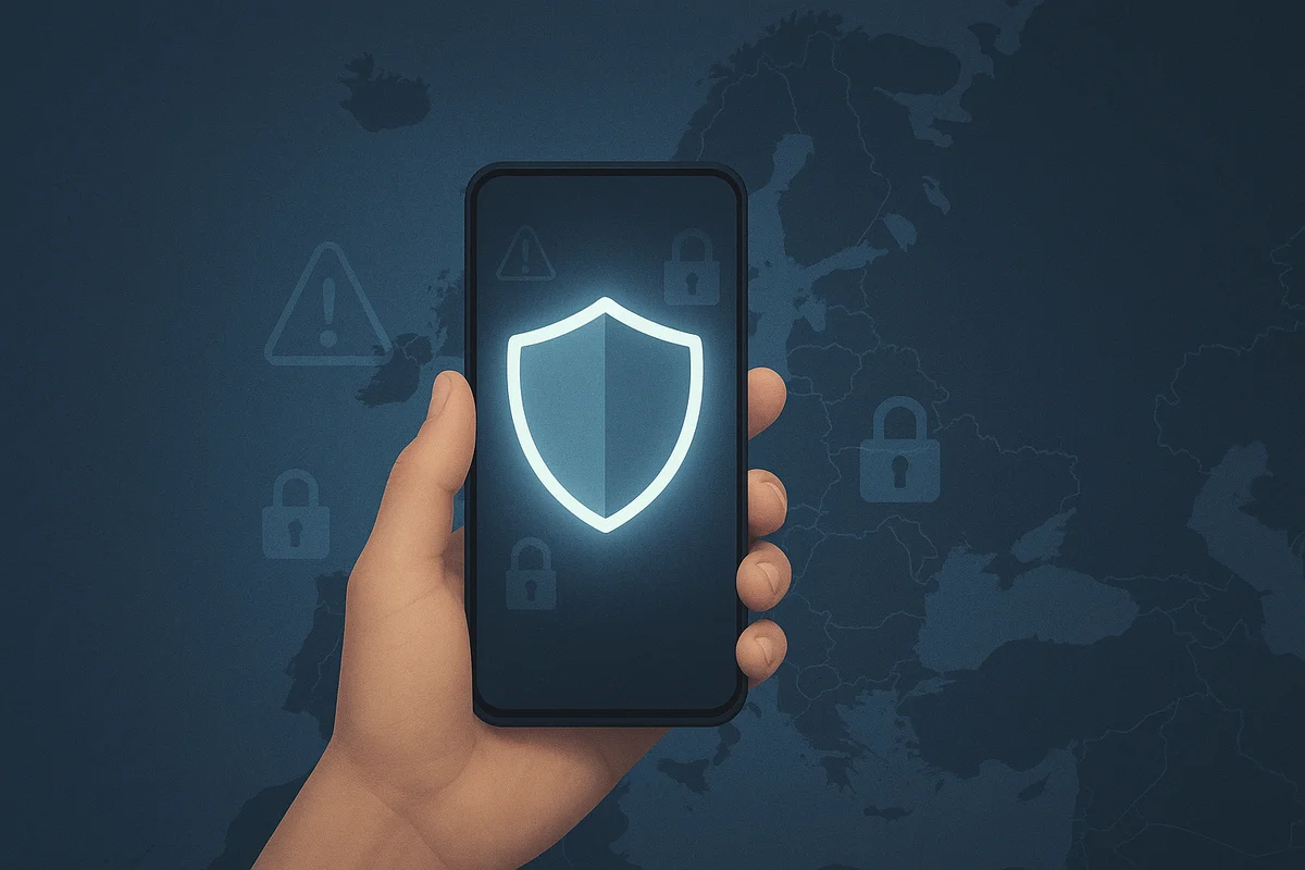 Móvil con escudo digital brillante frente a un mapa de Europa y candados sutiles