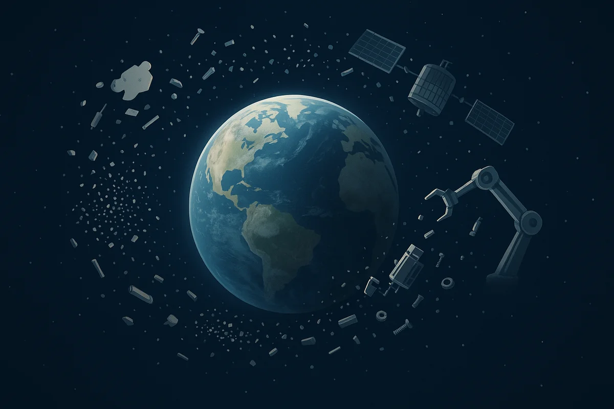 La Tierra rodeada de desechos espaciales, con un satélite envejecido y un brazo robótico recuperando fragmentos en órbita