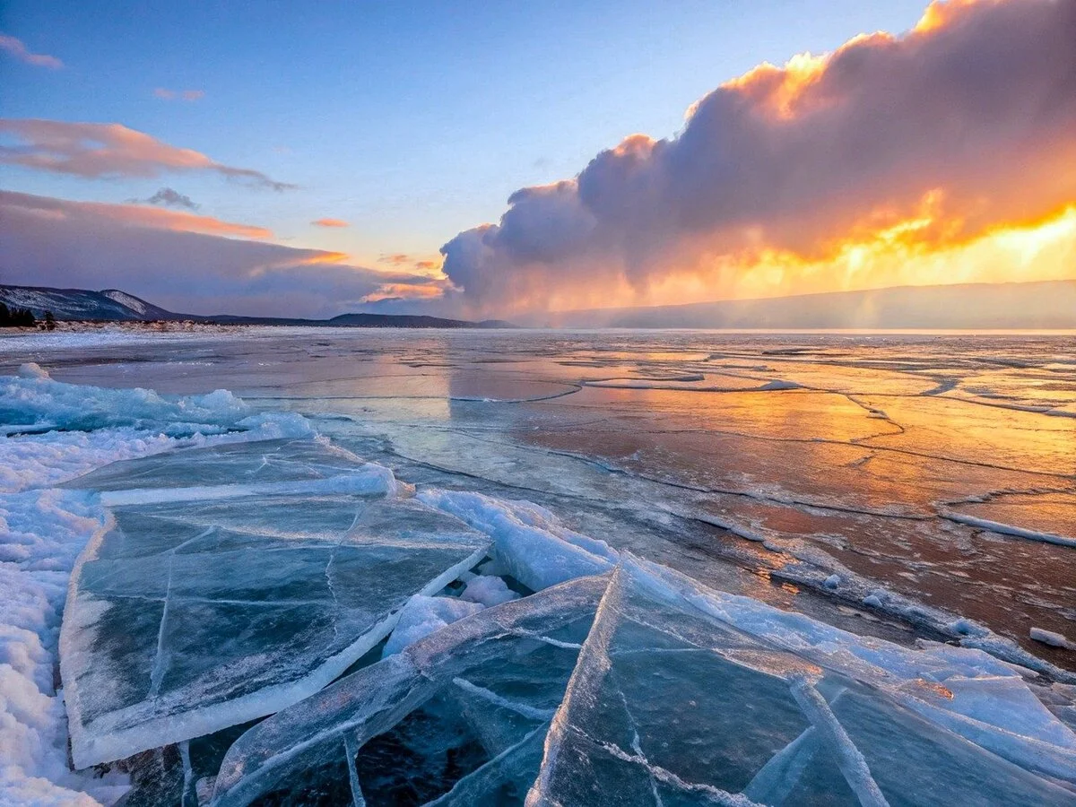 Paisaje helado generado con inteligencia artificial que muestra un lago congelado al atardecer con placas de hielo y cielo anaranjado