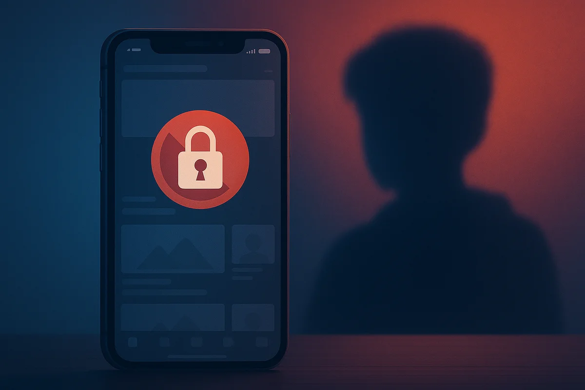 Smartphone con un icono de bloqueo en pantalla y la silueta difuminada de un menor al fondo