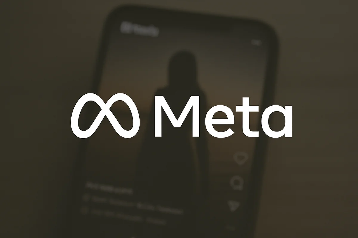 Logo de Meta sobre un fondo borroso con un teléfono mostrando un reel en pantalla