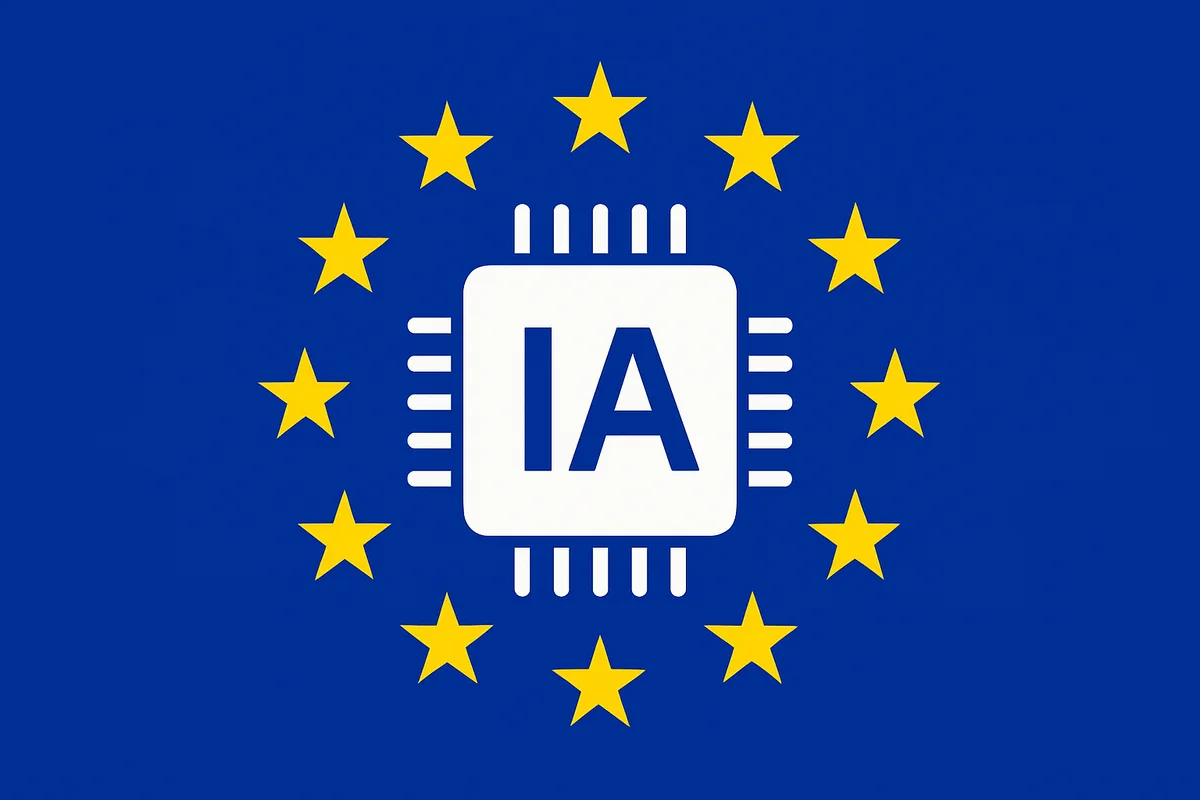 Chip IA sobre fondo azul con estrellas de la UE