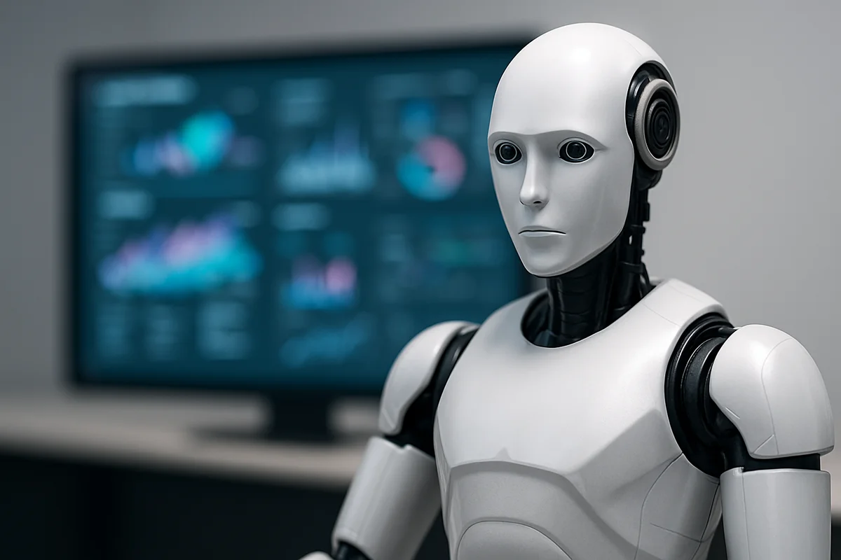 Humanoide de aspecto metálico observado en primer plano frente a una gran pantalla