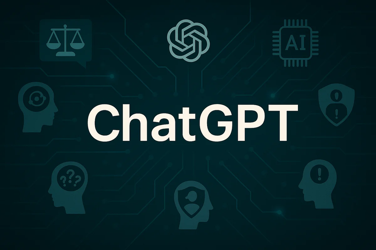 Logotipo de ChatGPT sobre fondo digital con iconos alusivos a la inteligencia artificial.