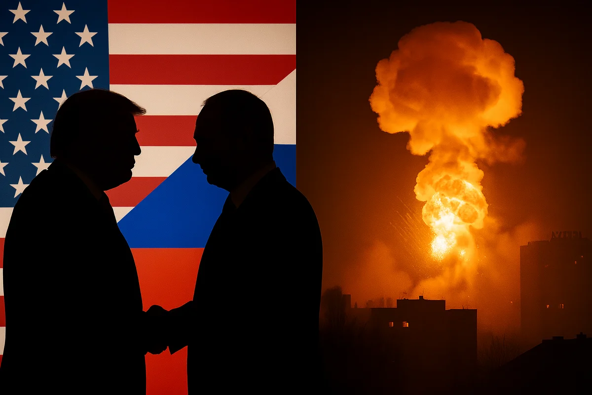 Donald Trump y Vladímir Putin estrechando la mano frente a las banderas de EE. UU. y Rusia, junto a una escena separada con una explosión nocturna