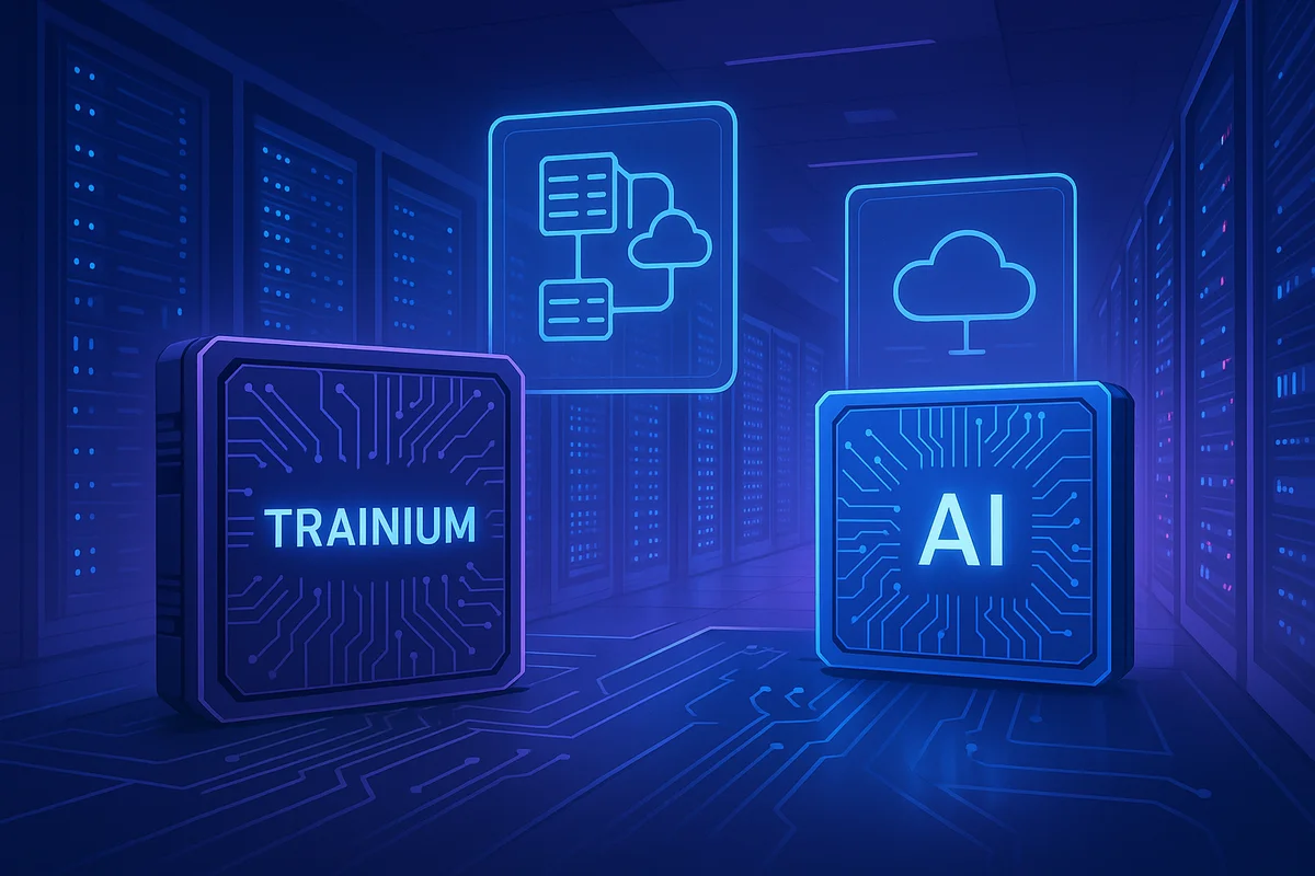 Centro de datos futurista con chips de IA estilizados y paneles holográficos conectando servidores en tonos azules y violetas