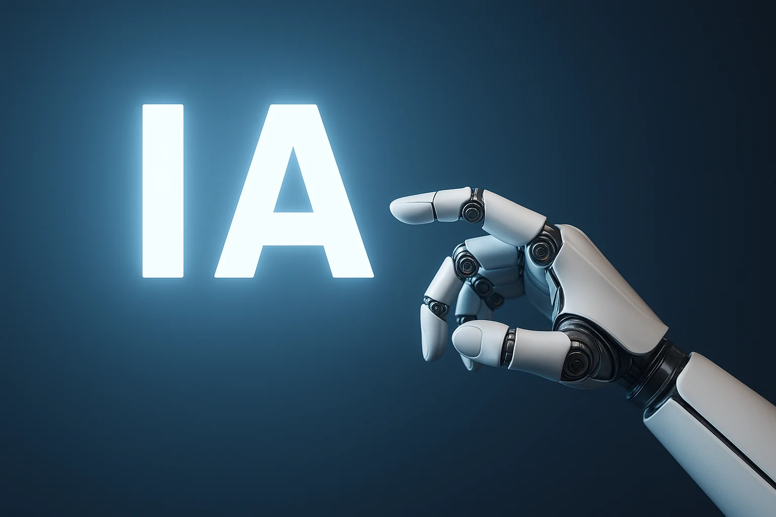 Mano robótica metálica extendida tocando las letras brillantes “IA” sobre un fondo azul oscuro con iluminación futurista y estilo realista