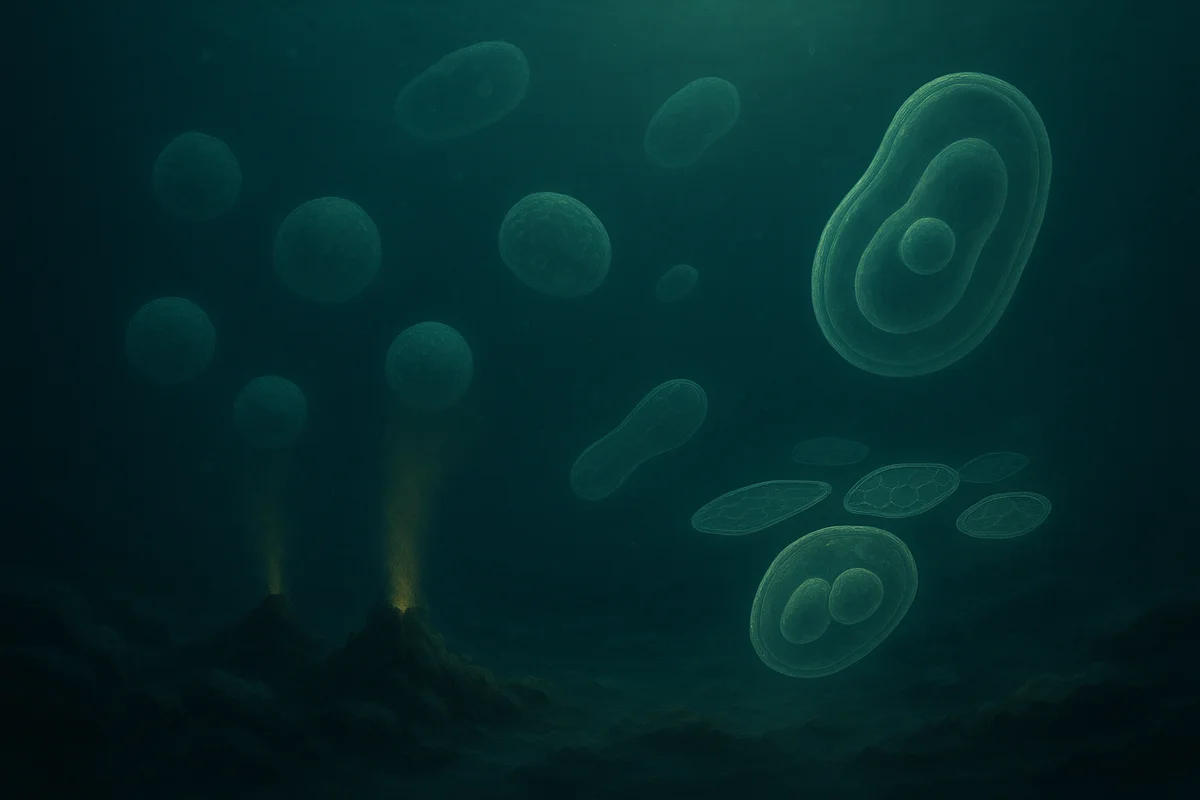Células primitivas flotando sobre respiraderos hidrotermales iluminados en un océano oscuro.