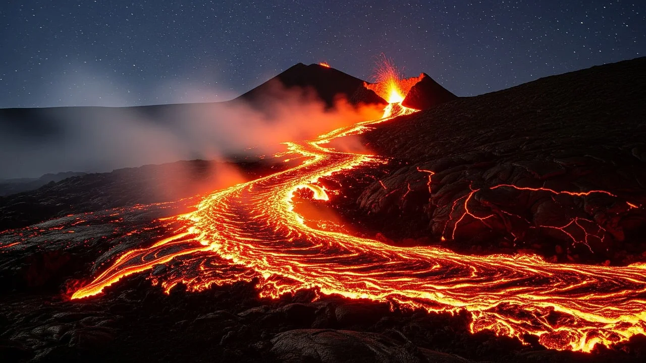 Río de lava brillante descendiendo por la ladera de un volcán en erupción durante la noche