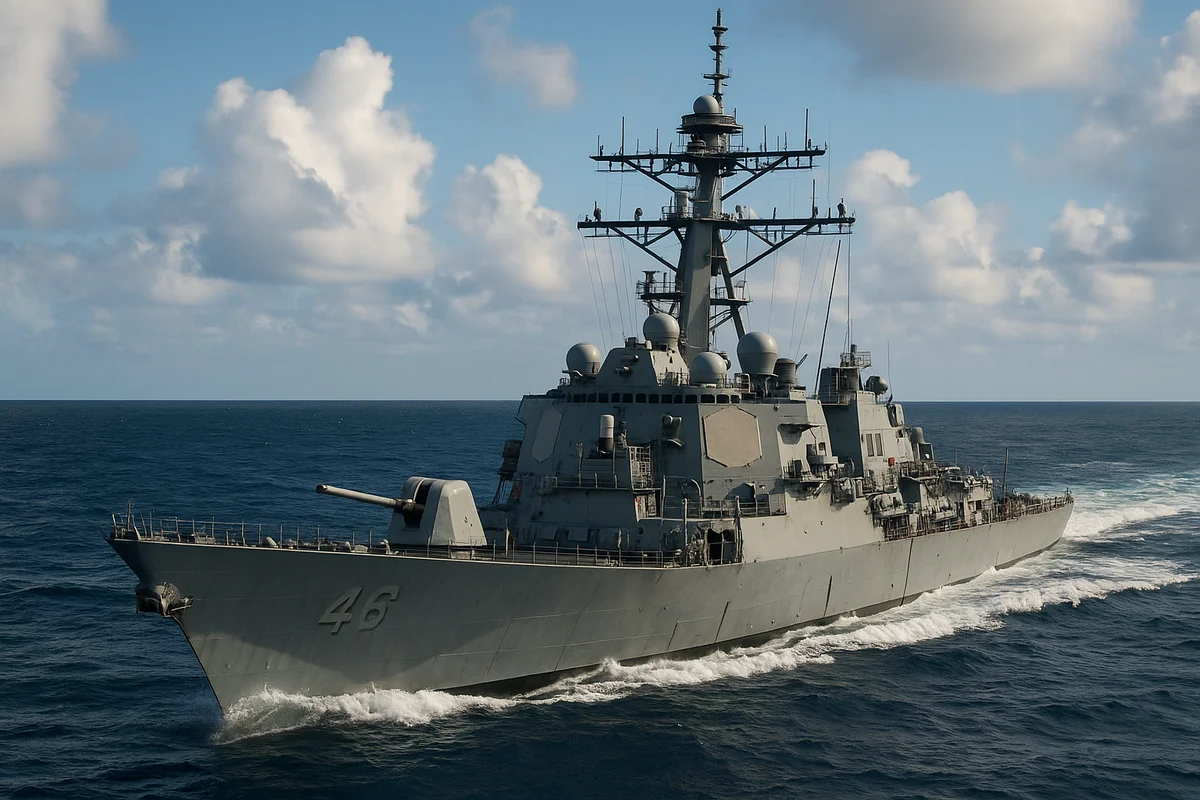 Barco de guerra navegando en mar abierto bajo el cielo despejado