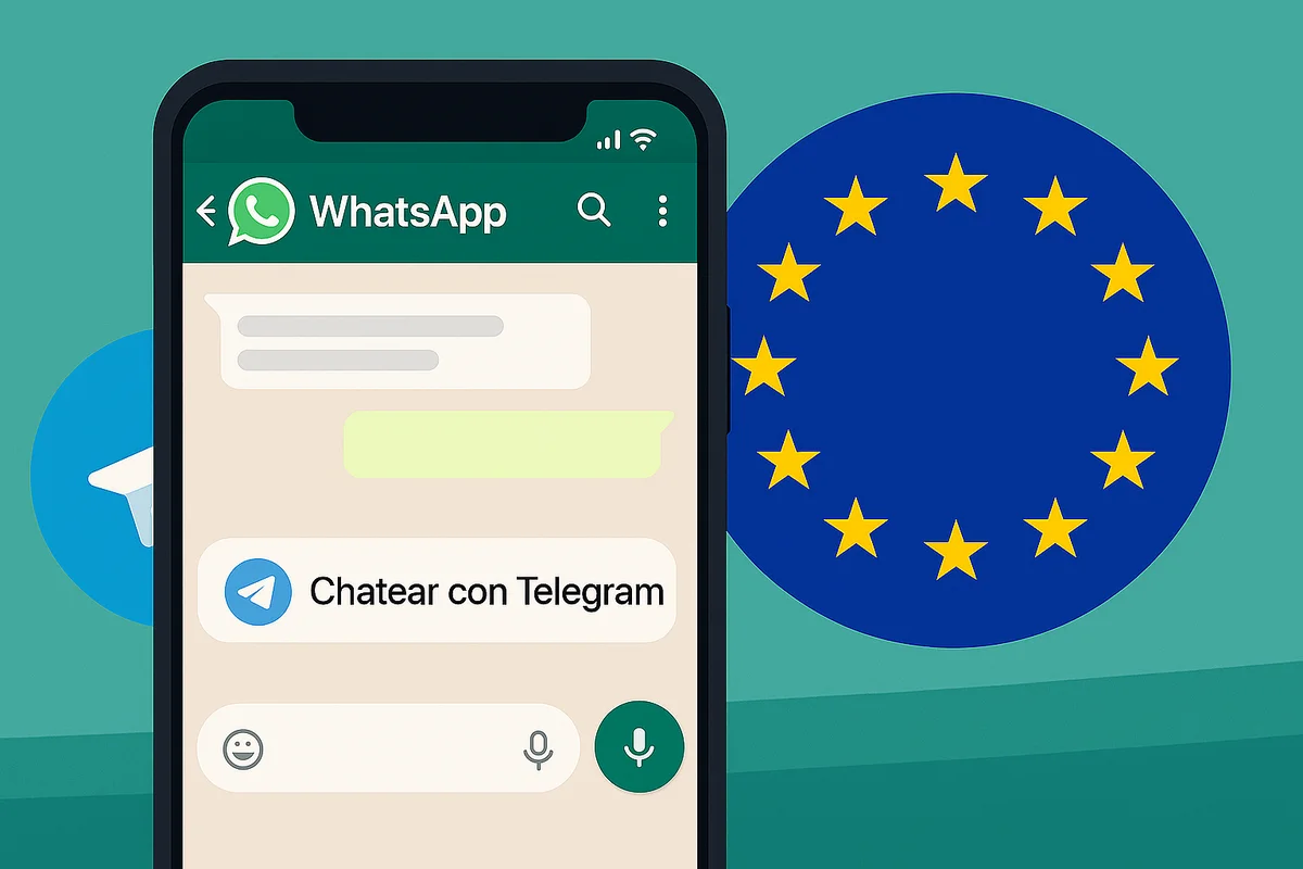 Interfaz de WhatsApp con opción de chatear con Telegram, ilustración de interoperabilidad digital