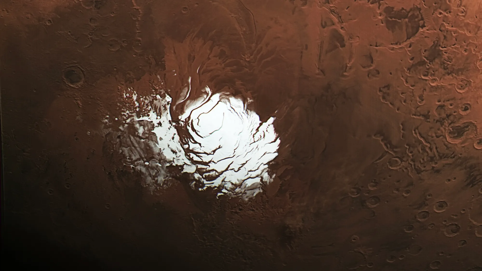 Vista de la capa de hielo del polo sur de Marte captada por la sonda Mars Express