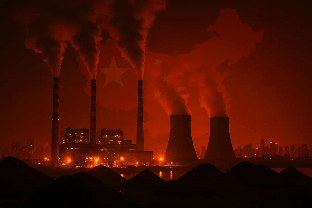 Planta de energía a carbón operando al amanecer con humo saliendo de las chimeneas